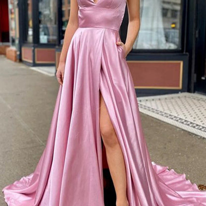V Neck Satin Backless A-line Prom Dresses with Pockets