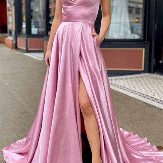 V Neck Satin Backless A-line Prom Dresses with Pockets