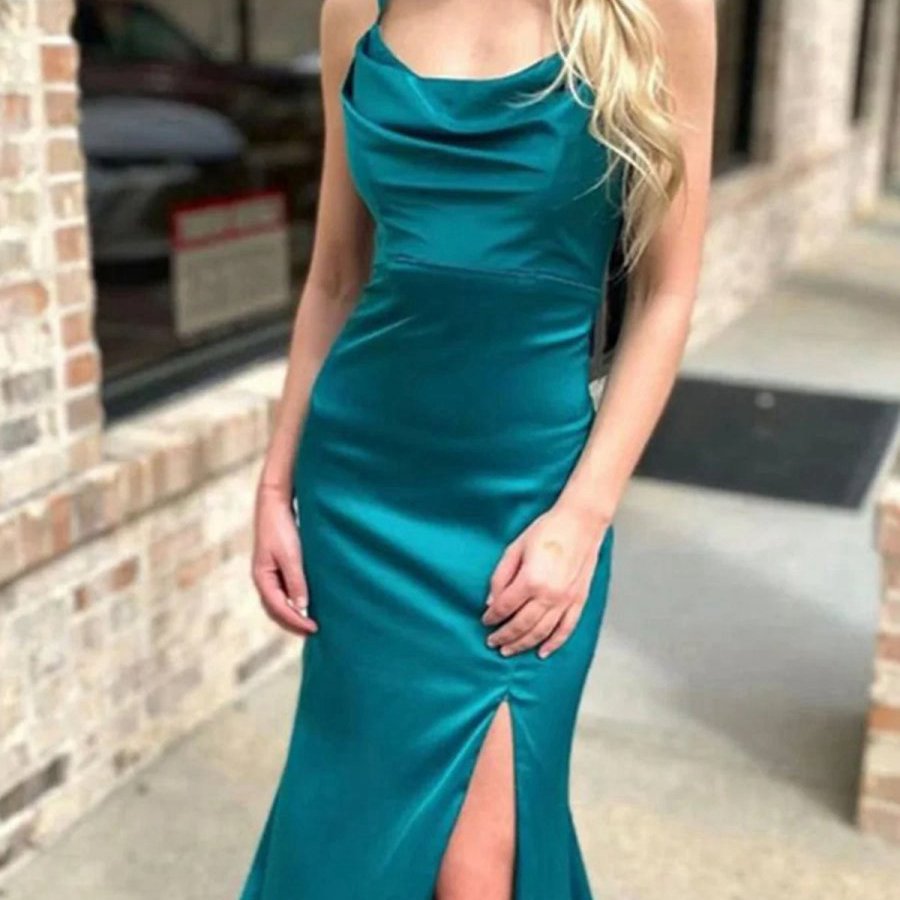 Spaghetti Straps Satin Mermaid Long Prom Dresses with Split