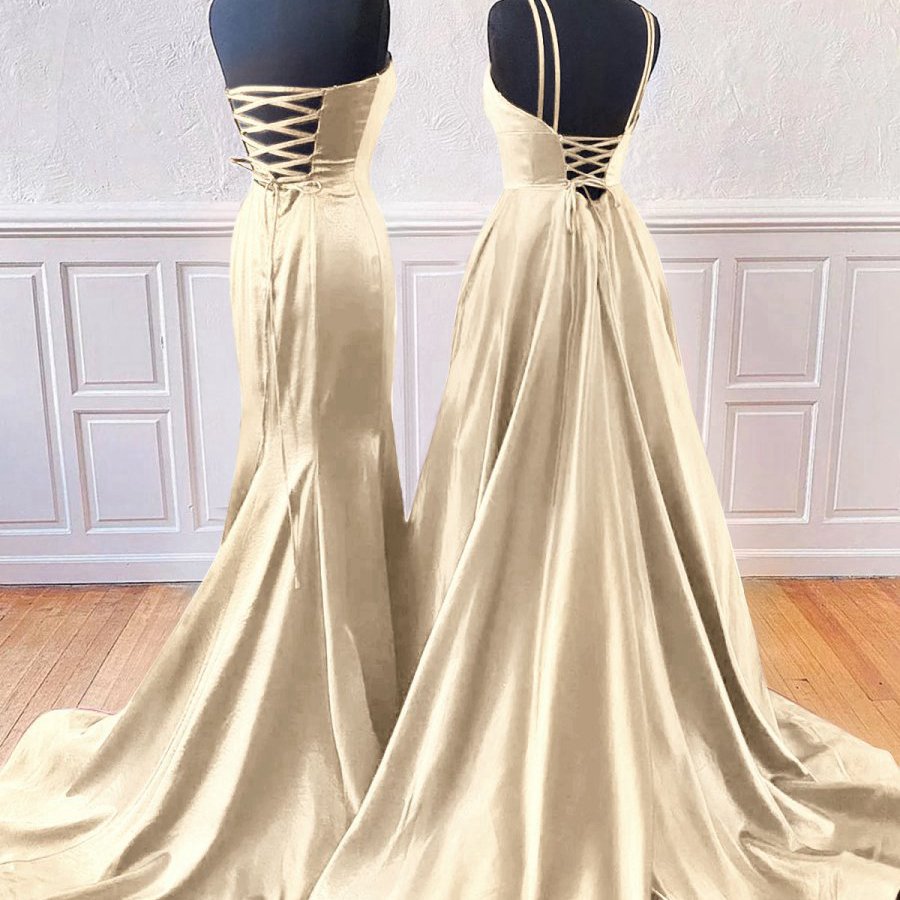 Sleeveless Satin Long Prom Dresses with Split