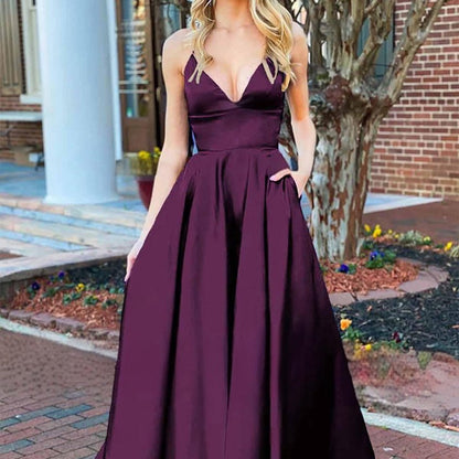 A-line V Neck Satin Prom Dresses with Pockets