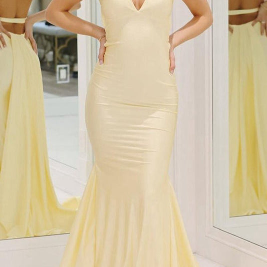 Mermaid V-Neck Satin Prom Dresses with Tail Evening Dresses