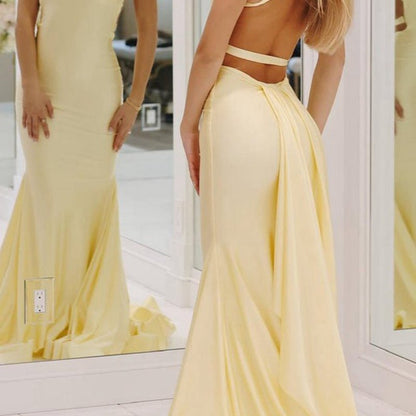 Mermaid V-Neck Satin Prom Dresses with Tail Evening Dresses