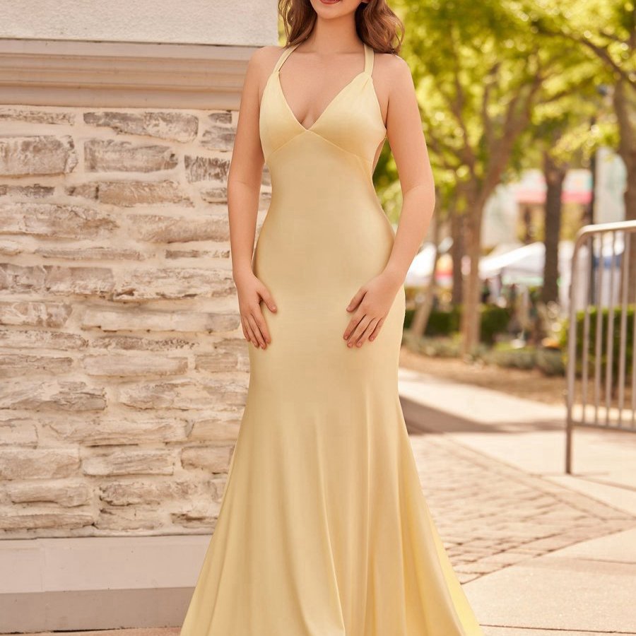 Mermaid V-Neck Satin Prom Dresses with Tail Evening Dresses