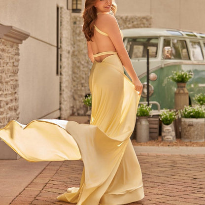 Mermaid V-Neck Satin Prom Dresses with Tail Evening Dresses
