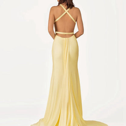 Mermaid V-Neck Satin Prom Dresses with Tail Evening Dresses