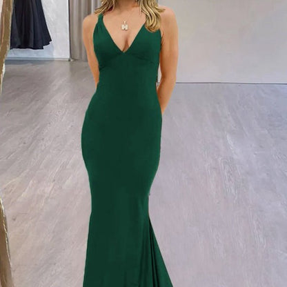 Mermaid V-Neck Satin Prom Dresses with Tail Evening Dresses