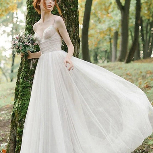 A-line Bohemian Tulle Lace Wedding Dresses Bridal Gowns Beach