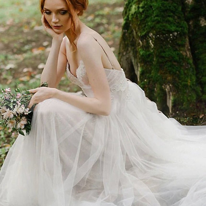 A-line Bohemian Tulle Lace Wedding Dresses Bridal Gowns Beach