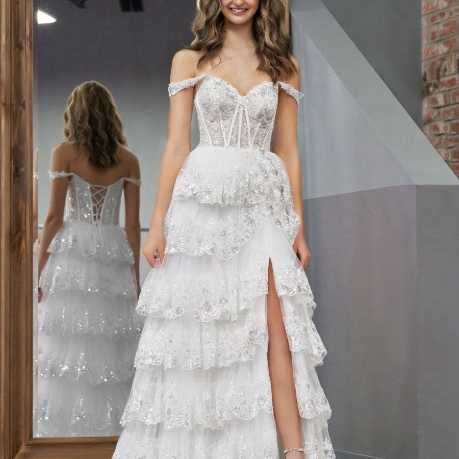 Princess A-line Off the Shoulder Corset Prom Dresses with Lace Ruffles