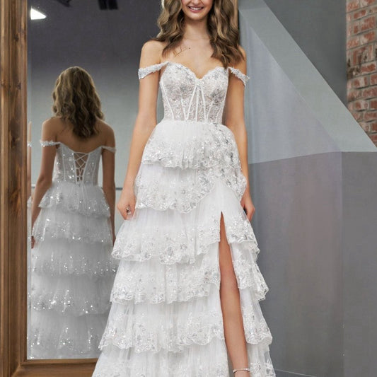 Princess A-line Off the Shoulder Corset Prom Dresses with Lace Ruffles