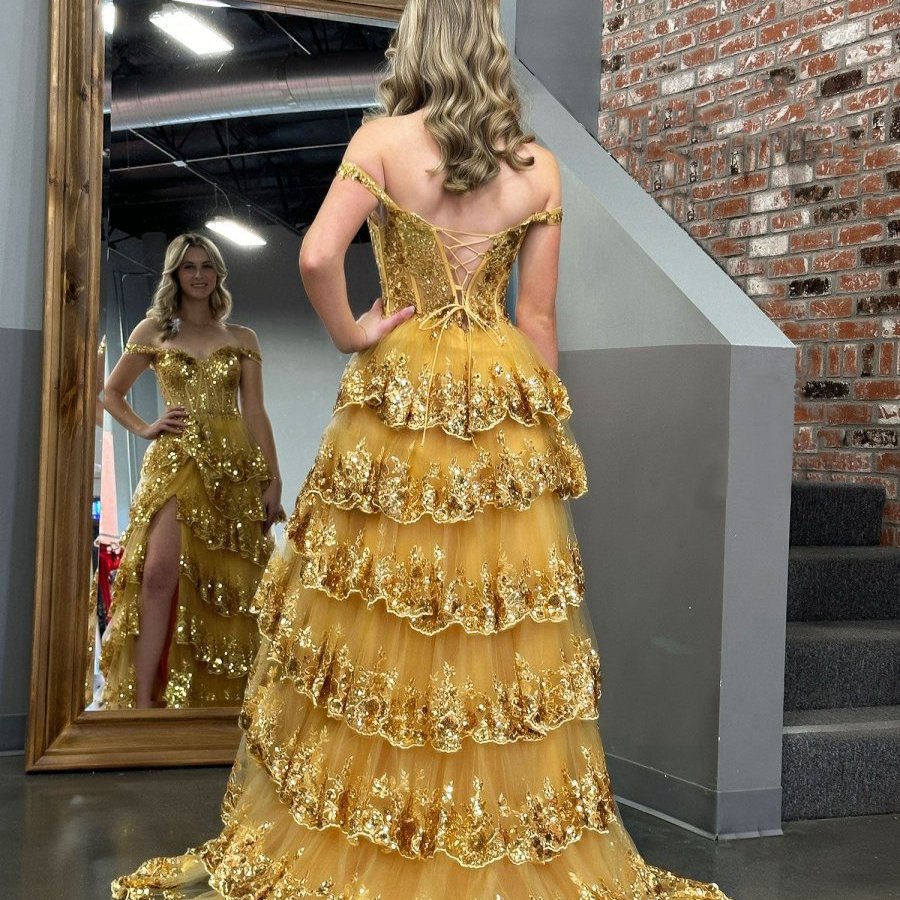 Princess A-line Off the Shoulder Corset Prom Dresses with Lace Ruffles