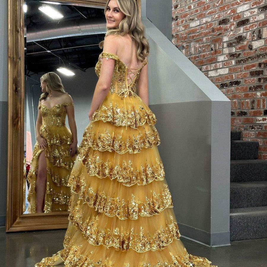 Princess A-line Off the Shoulder Corset Prom Dresses with Lace Ruffles