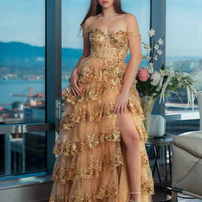Princess A-line Off the Shoulder Corset Prom Dresses with Lace Ruffles