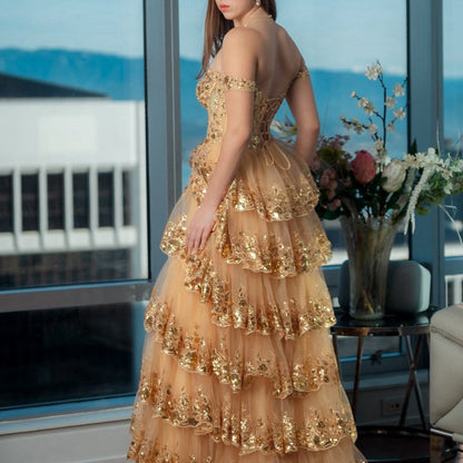 Princess A-line Off the Shoulder Corset Prom Dresses with Lace Ruffles