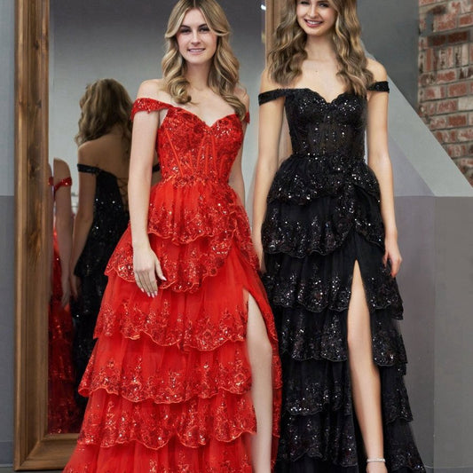 Princess A-line Off the Shoulder Corset Prom Dresses with Lace Ruffles