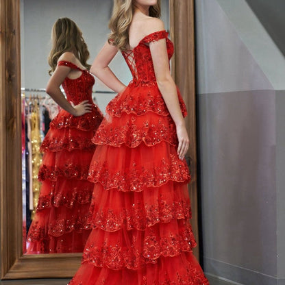 Princess A-line Off the Shoulder Corset Prom Dresses with Lace Ruffles