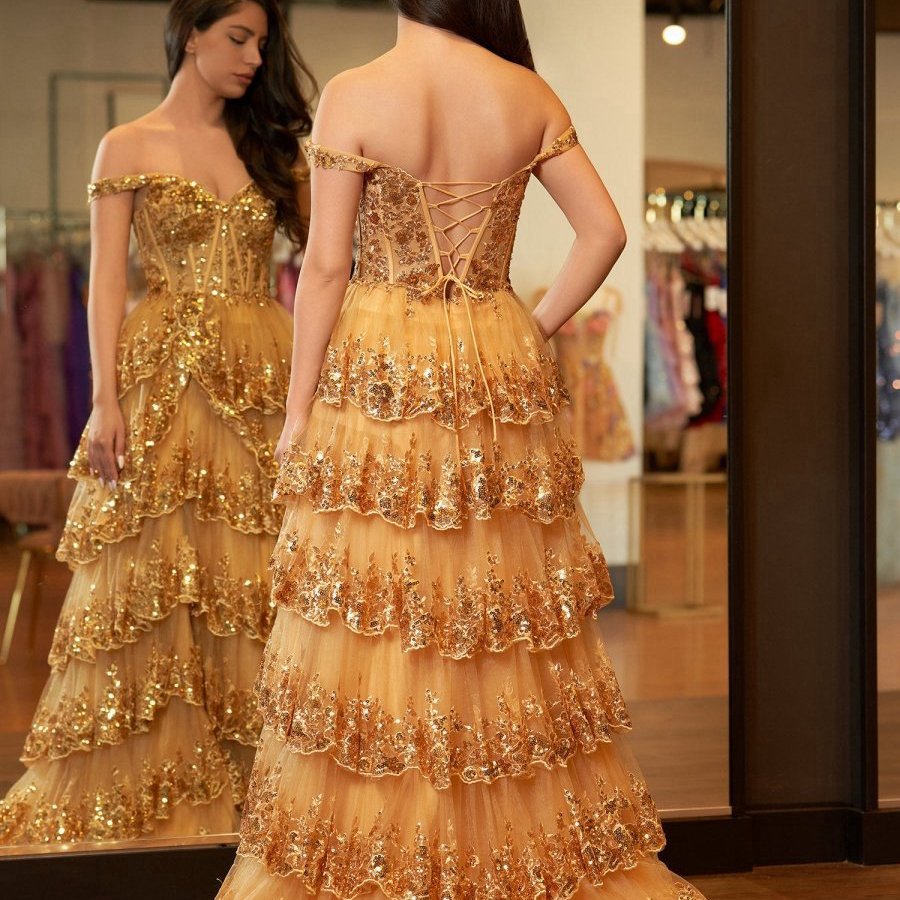 Gold Princess A-line Off the Shoulder Corset Prom Dresses with Lace Ruffles
