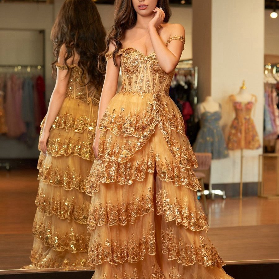 Gold Princess A-line Off the Shoulder Corset Prom Dresses with Lace Ruffles