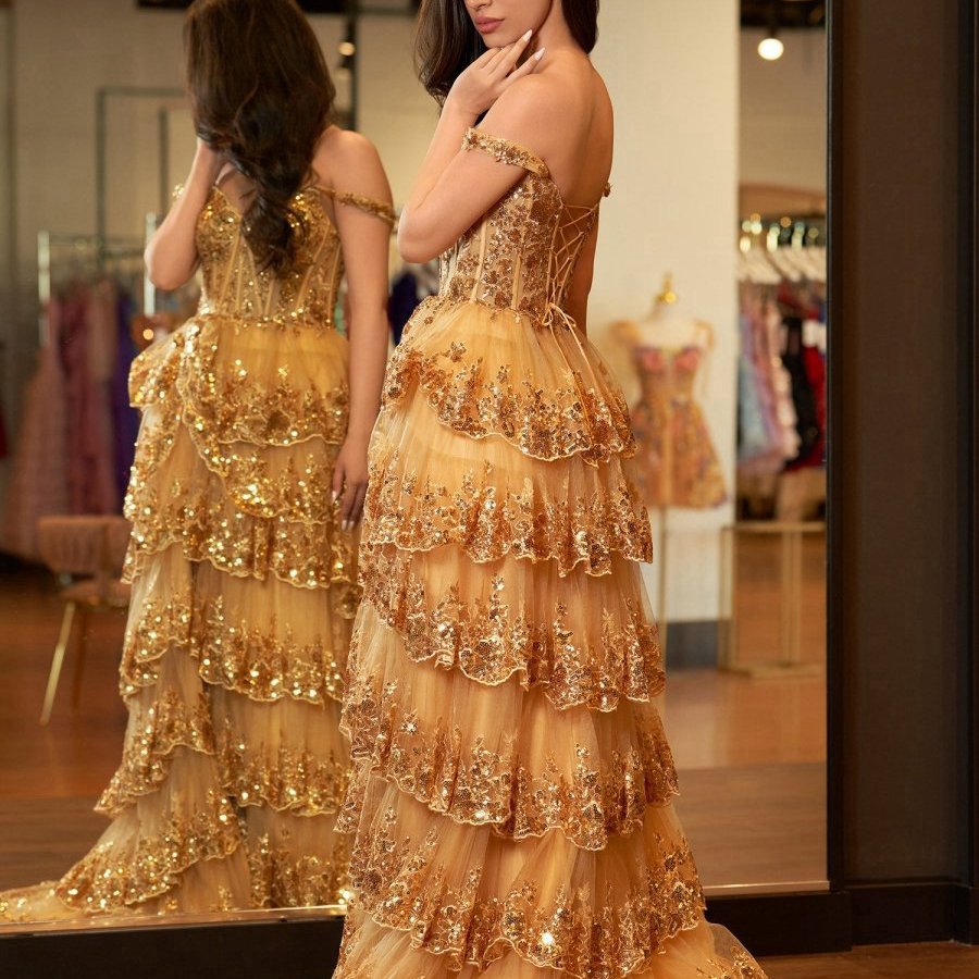 Gold Princess A-line Off the Shoulder Corset Prom Dresses with Lace Ruffles