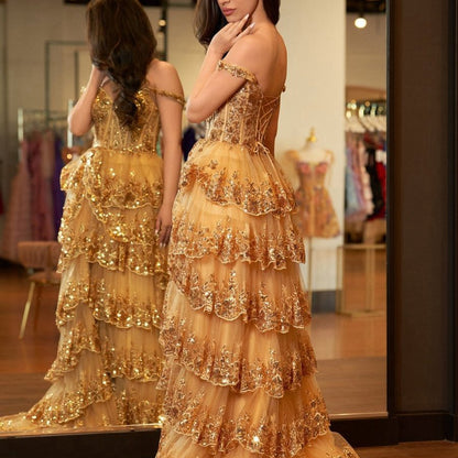 Gold Princess A-line Off the Shoulder Corset Prom Dresses with Lace Ruffles