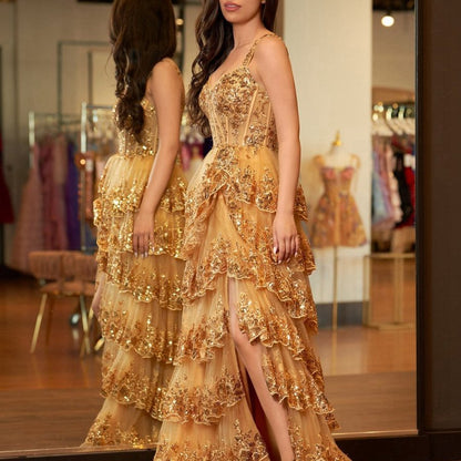 Gold Princess A-line Off the Shoulder Corset Prom Dresses with Lace Ruffles