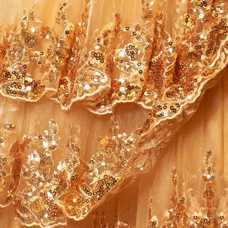 Gold Princess A-line Off the Shoulder Corset Prom Dresses with Lace Ruffles