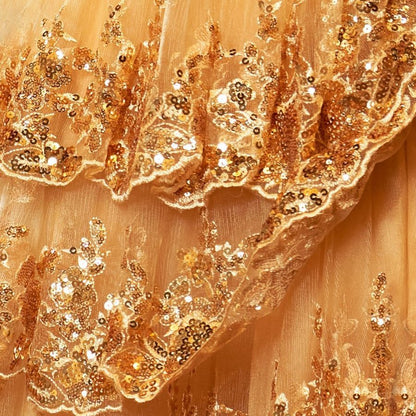 Gold Princess A-line Off the Shoulder Corset Prom Dresses with Lace Ruffles