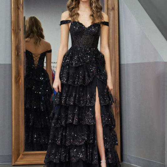Princess A-line Off the Shoulder Corset Prom Dresses with Lace Ruffles