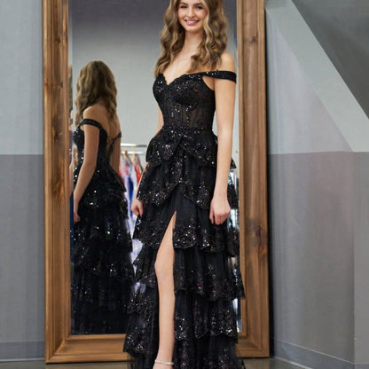 Princess A-line Off the Shoulder Corset Prom Dresses with Lace Ruffles