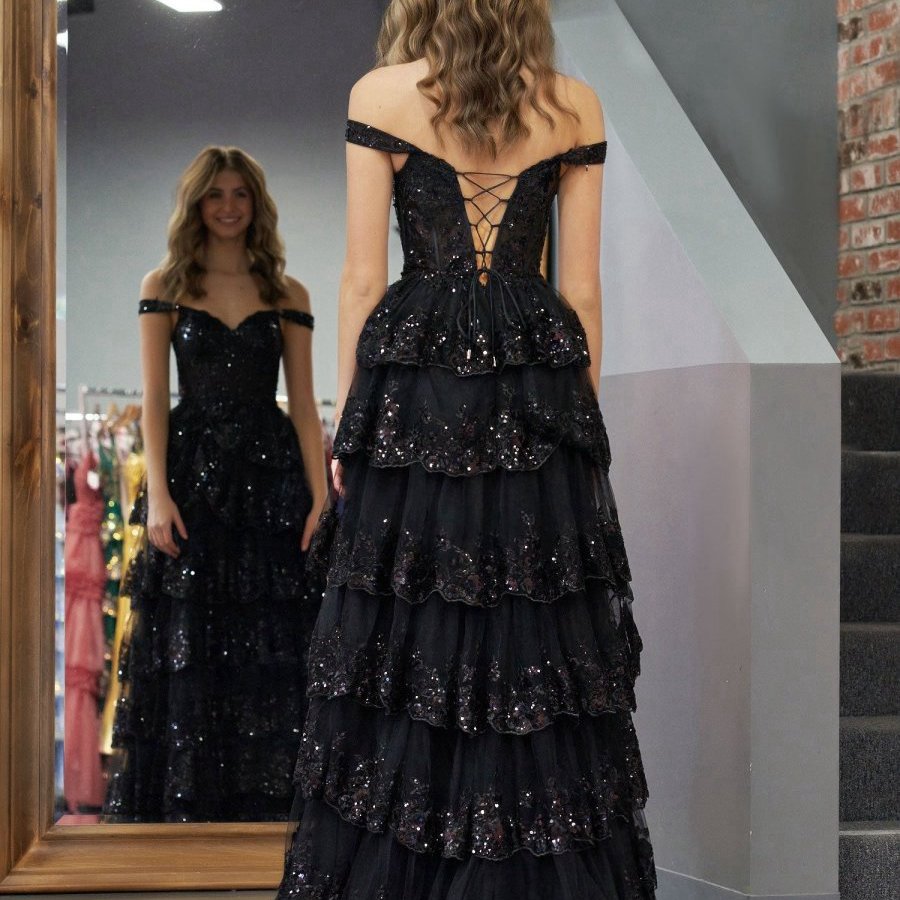 Princess A-line Off the Shoulder Corset Prom Dresses with Lace Ruffles