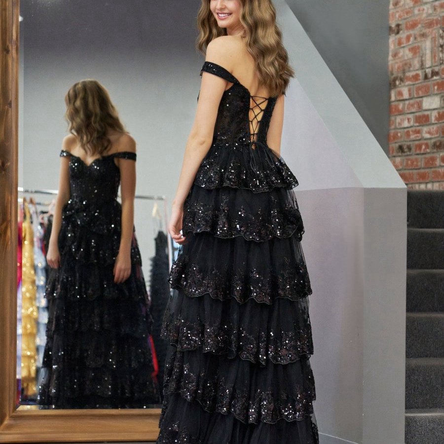 Princess A-line Off the Shoulder Corset Prom Dresses with Lace Ruffles