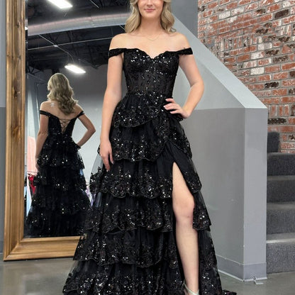 Princess A-line Off the Shoulder Corset Prom Dresses with Lace Ruffles