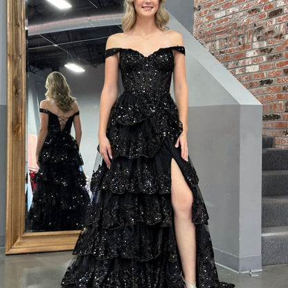 Princess A-line Off the Shoulder Corset Prom Dresses with Lace Ruffles