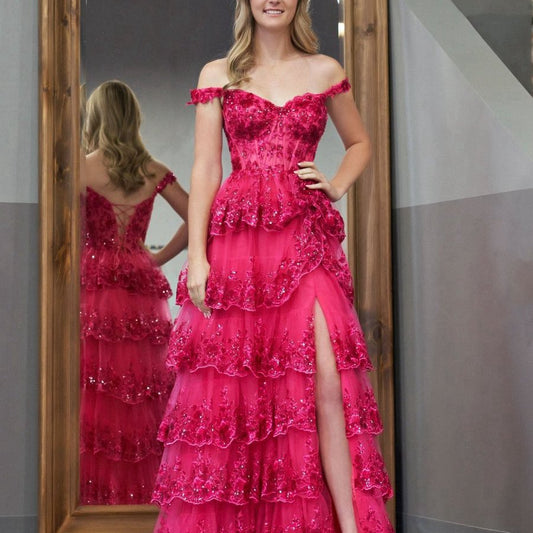 Princess A-line Off the Shoulder Corset Prom Dresses with Lace Ruffles