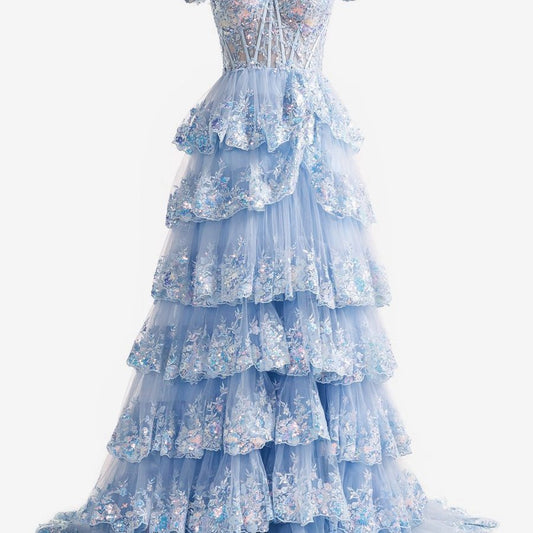 Crystal Sequins Princess A-line Off the Shoulder Prom Dresses with Lace Ruffles