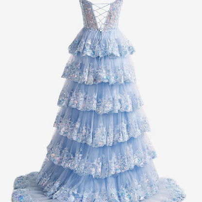 Crystal Sequins Princess A-line Off the Shoulder Prom Dresses with Lace Ruffles