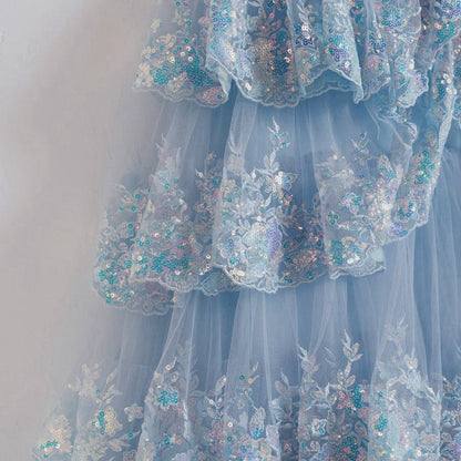 Crystal Sequins Princess A-line Off the Shoulder Prom Dresses with Lace Ruffles