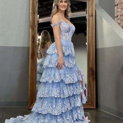 Crystal Sequins Princess A-line Off the Shoulder Prom Dresses with Lace Ruffles