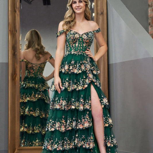 Crystal Sequins Princess A-line Off the Shoulder Prom Dresses with Lace Ruffles