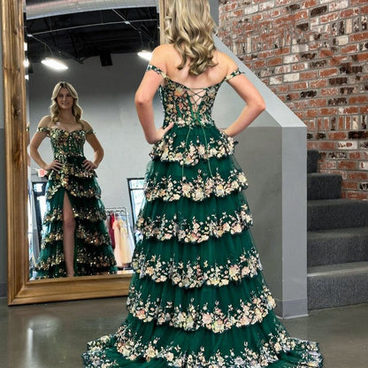 Crystal Sequins Princess A-line Off the Shoulder Prom Dresses with Lace Ruffles