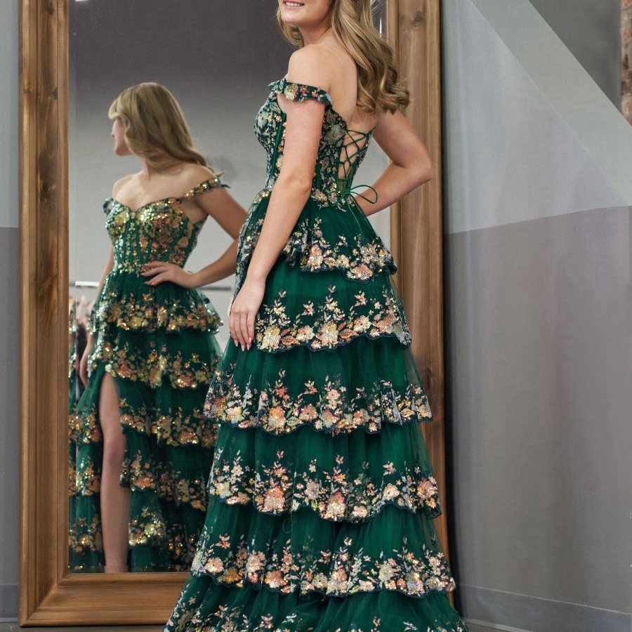Crystal Sequins Princess A-line Off the Shoulder Prom Dresses with Lace Ruffles