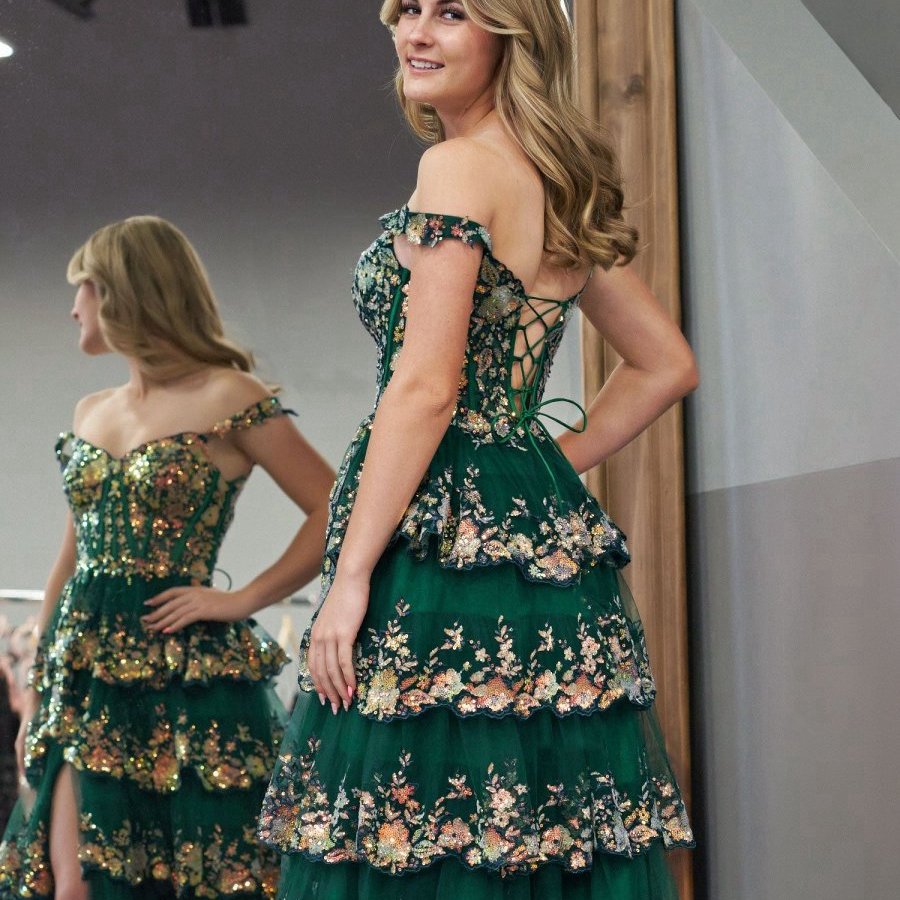 Crystal Sequins Princess A-line Off the Shoulder Prom Dresses with Lace Ruffles