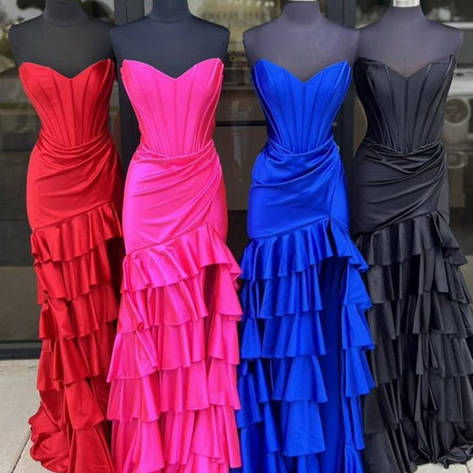 Mermaid Strapless Satin Ruffle Long Prom Dresses with Split
