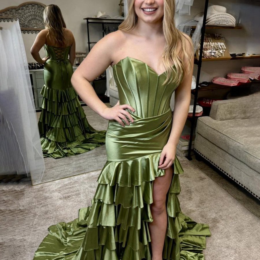 Mermaid Strapless Satin Ruffle Long Prom Dresses with Split