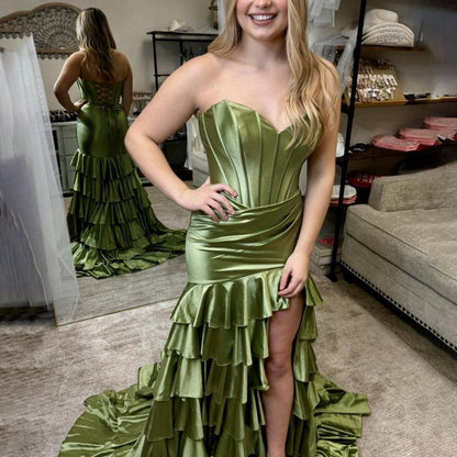 Mermaid Strapless Satin Ruffle Long Prom Dresses with Split