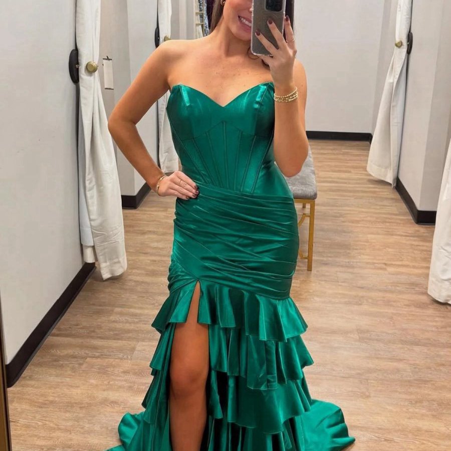 Mermaid Strapless Satin Ruffle Long Prom Dresses with Split
