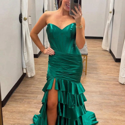 Mermaid Strapless Satin Ruffle Long Prom Dresses with Split