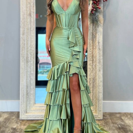 Mermaid Sage V Neck Satin Long Prom Dresses with Ruffle Skirt