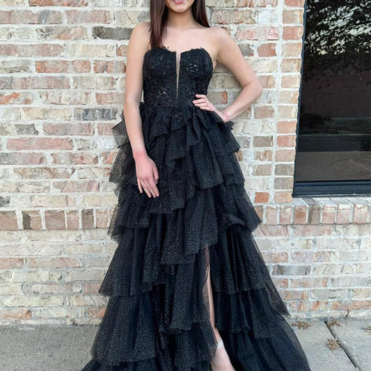 Strapless A-line Tulle Prom Dresses with Appliques
